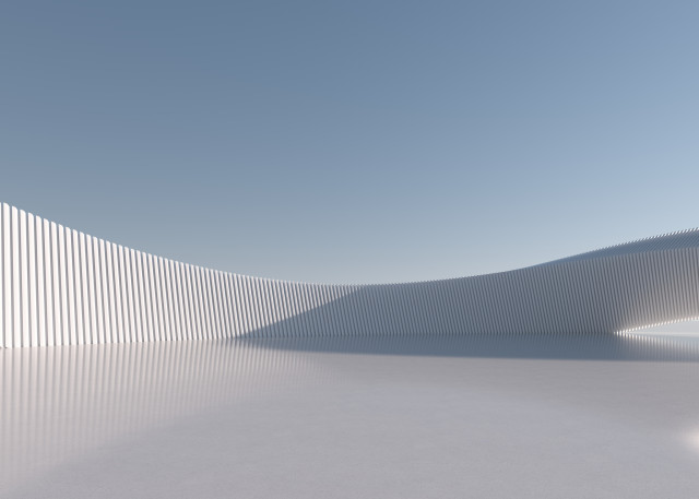 Elegant industrial arc with delicate slits simulating cuts along the white construction in harmony with the marble floor