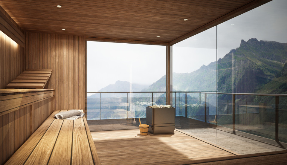 Spa-style sauna with panoramic views, designed for wellness and relaxation with natural materials and a tranquil atmosphere.