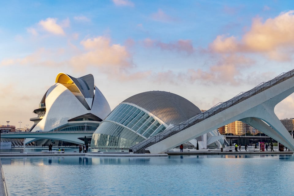 Iconic City of Arts and Sciences in Valencia with futuristic architecture and reflective pools, landmark cultural and scientific complex in Spain