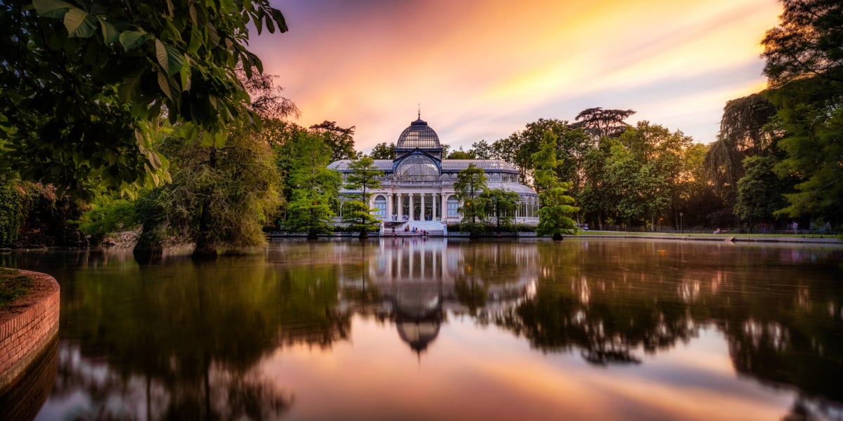 Beautiful sunset, overlooking the horizon of the retiro park in madrid where nature borders the crystal palace in a wonderful sunset.