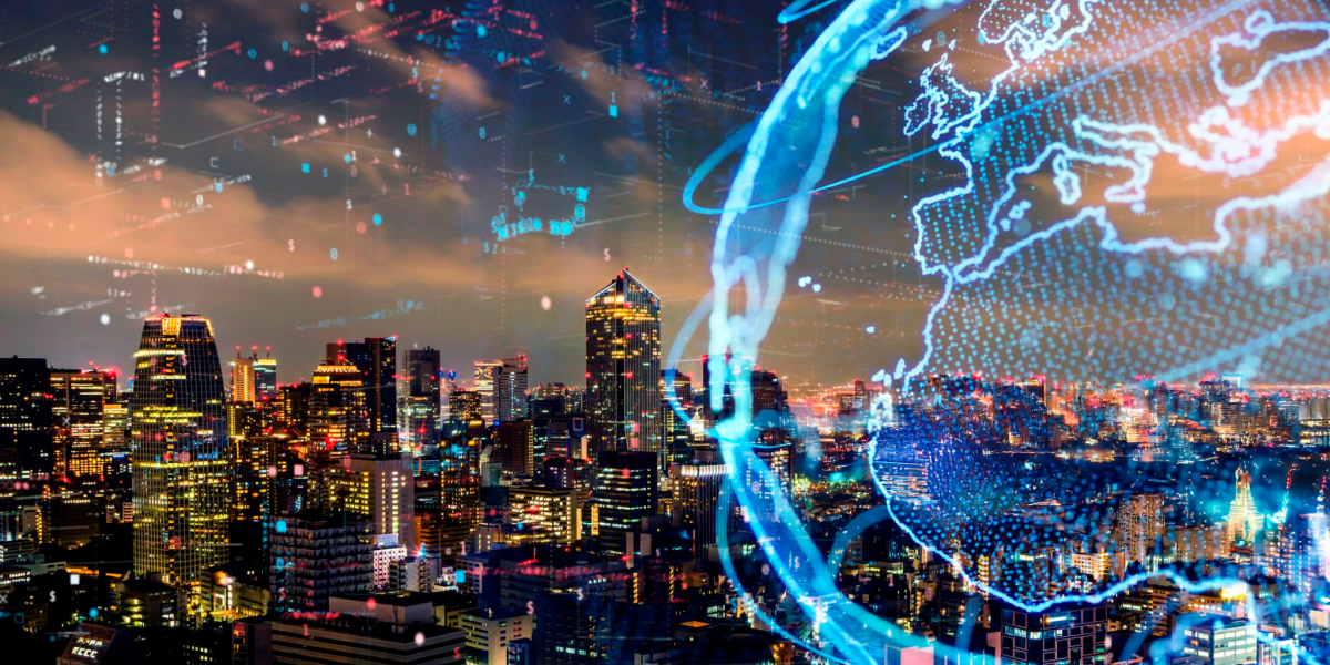 A vibrant city skyline at night illuminated by skyscrapers and digital overlays of a glowing Earth globe and data streams, symbolizing global connectivity and smart city technology.