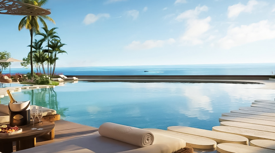Beautiful swimming pool on the edge of the beach with beautiful lounge chairs at the Mandarin Hotel.
